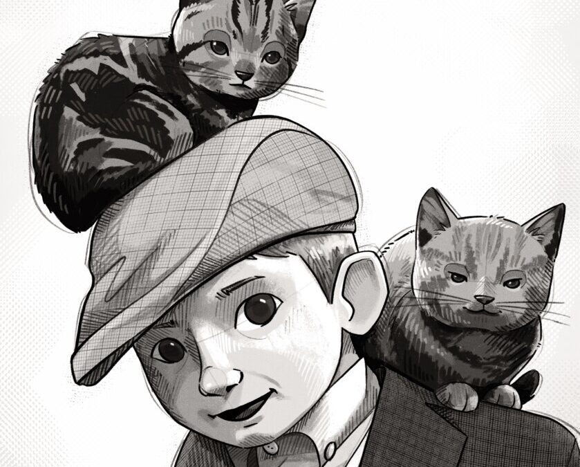 A boy with his cats